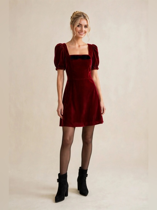 Wayf Dresses & Skirts - Holiday Christmas Velvet Red Dress with Black Bow